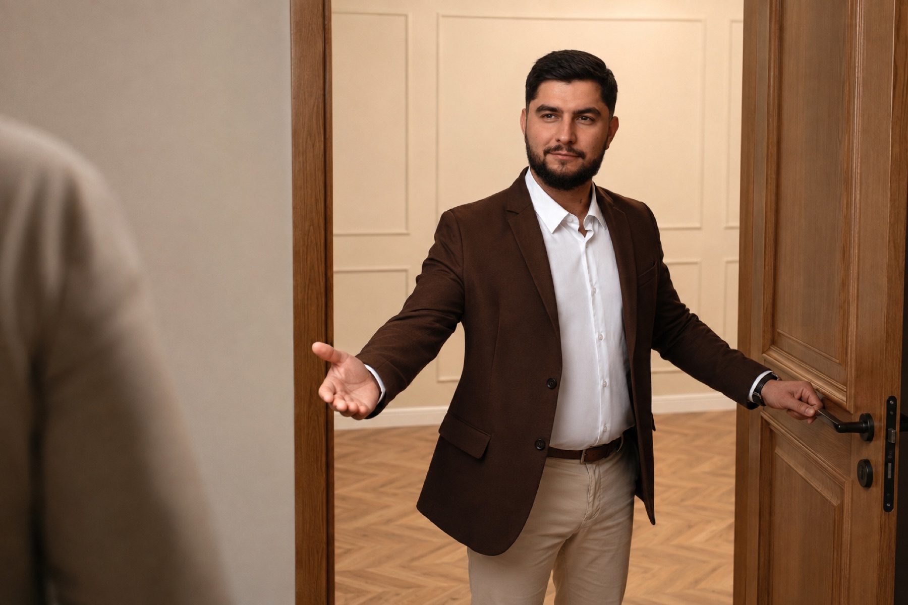Adwokat Kamil Janko wita klienta w drzwiach gabinetu
