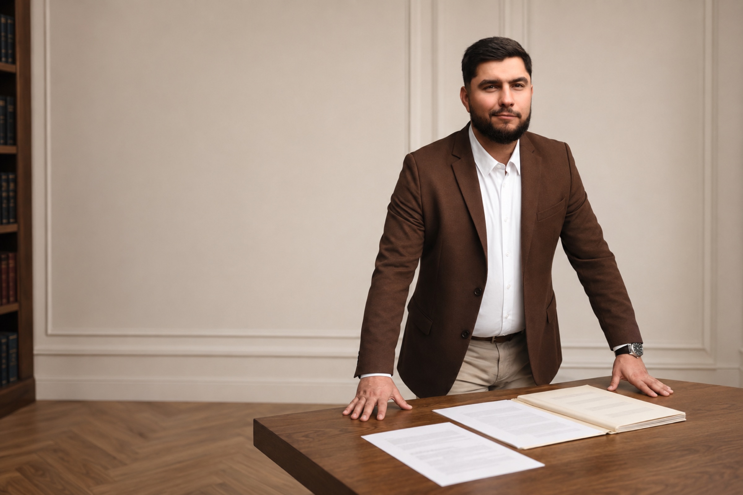 Adwokat Kamil Janko przy biurku w kancelarii — analiza dokumentów klienta